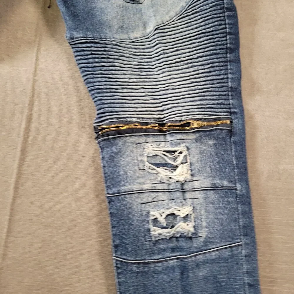 Encrypted Baggy Distressed Zipper Knees‎ Jeans Mens Blue Actual Size 44 x 33